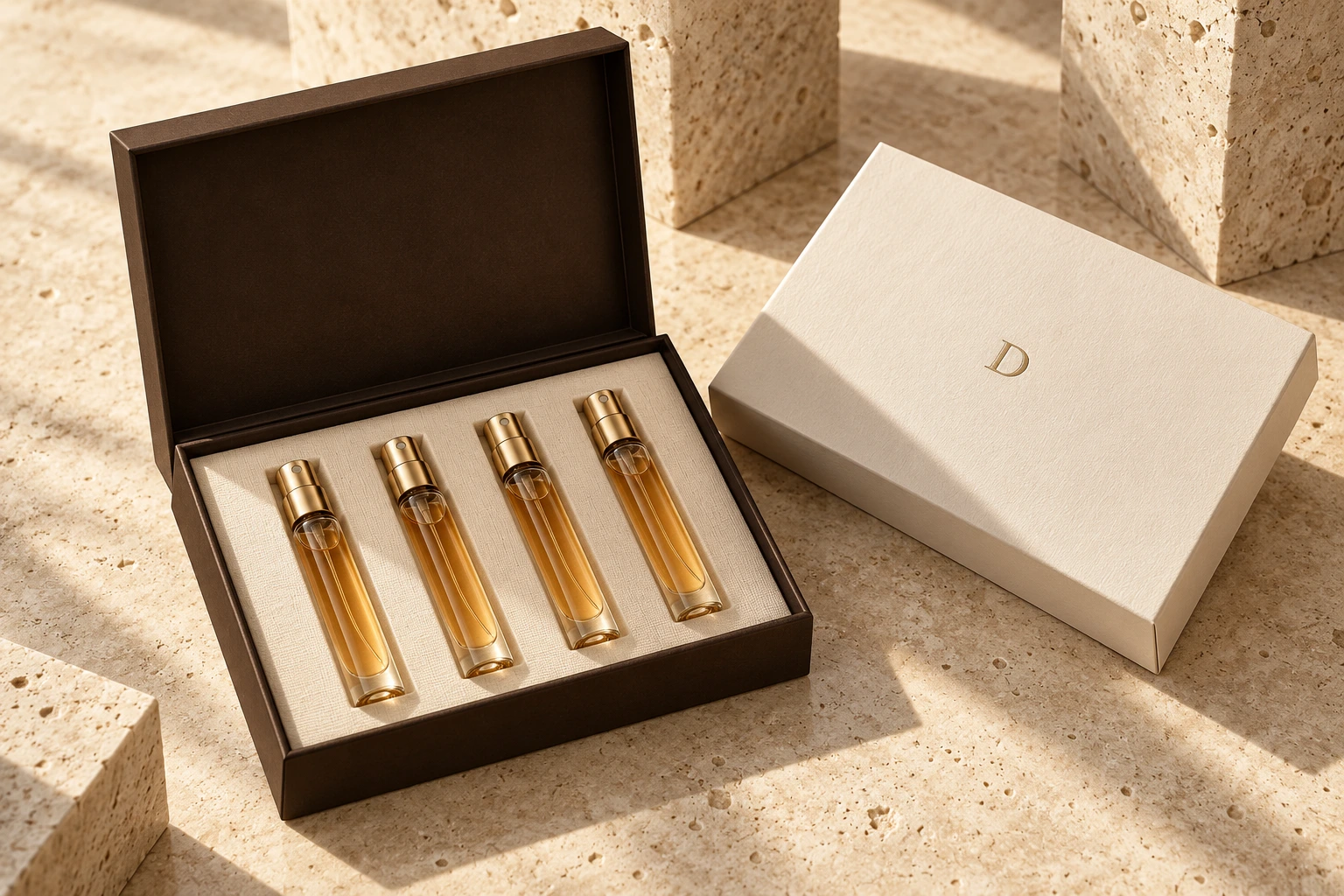 Concept fragrance discovery box with gold-capped sample vials
